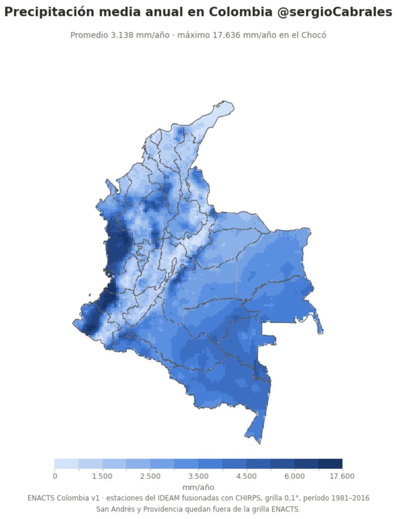 Mapa de precipitación media anual en Colombia